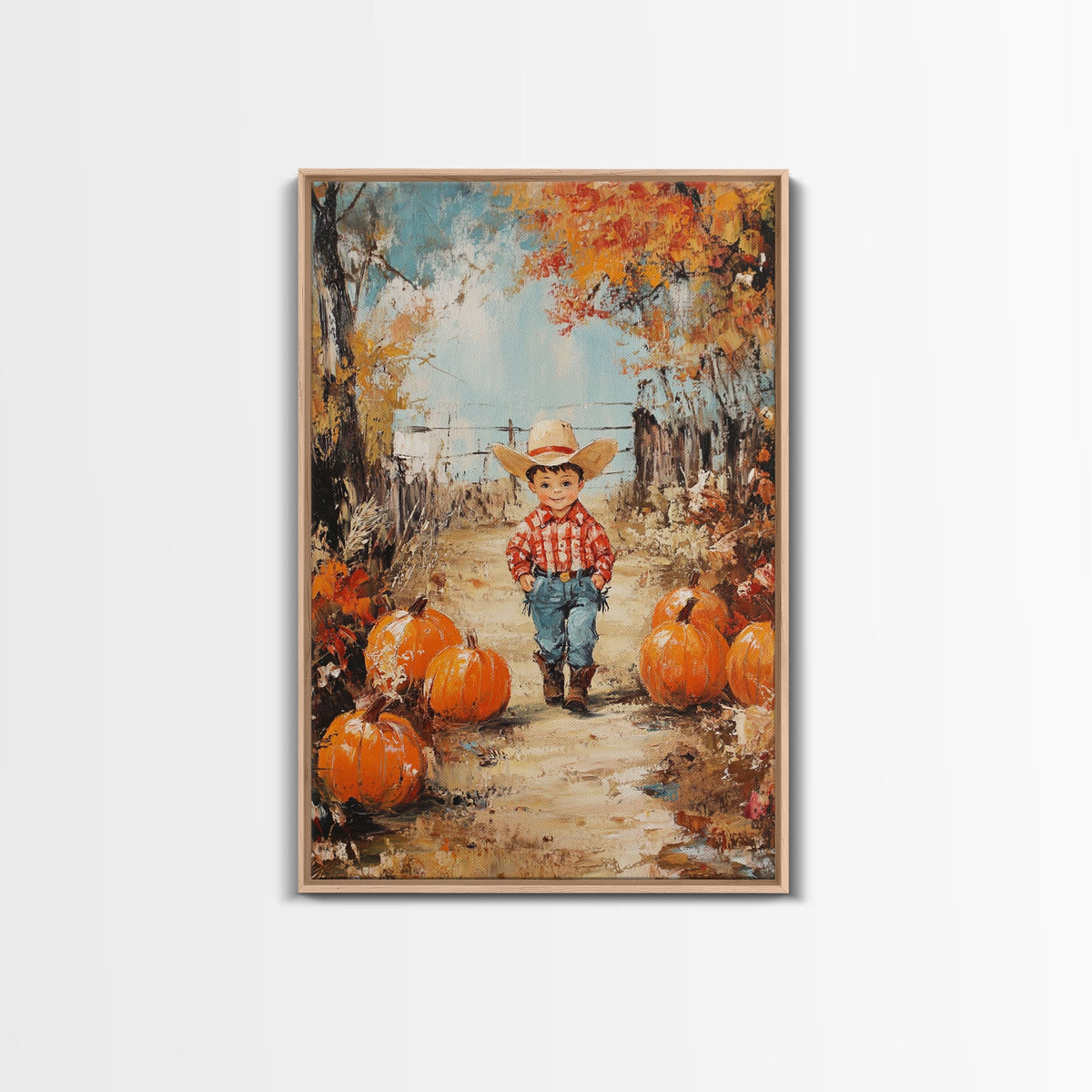 Autumn Cowboy & Pumpkins Canvas Wall Art