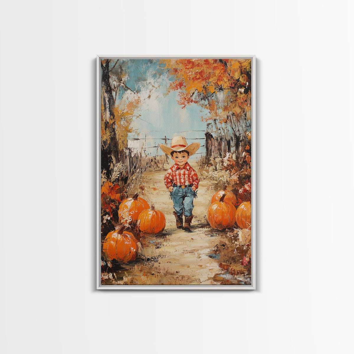 Autumn Cowboy & Pumpkins Canvas Wall Art