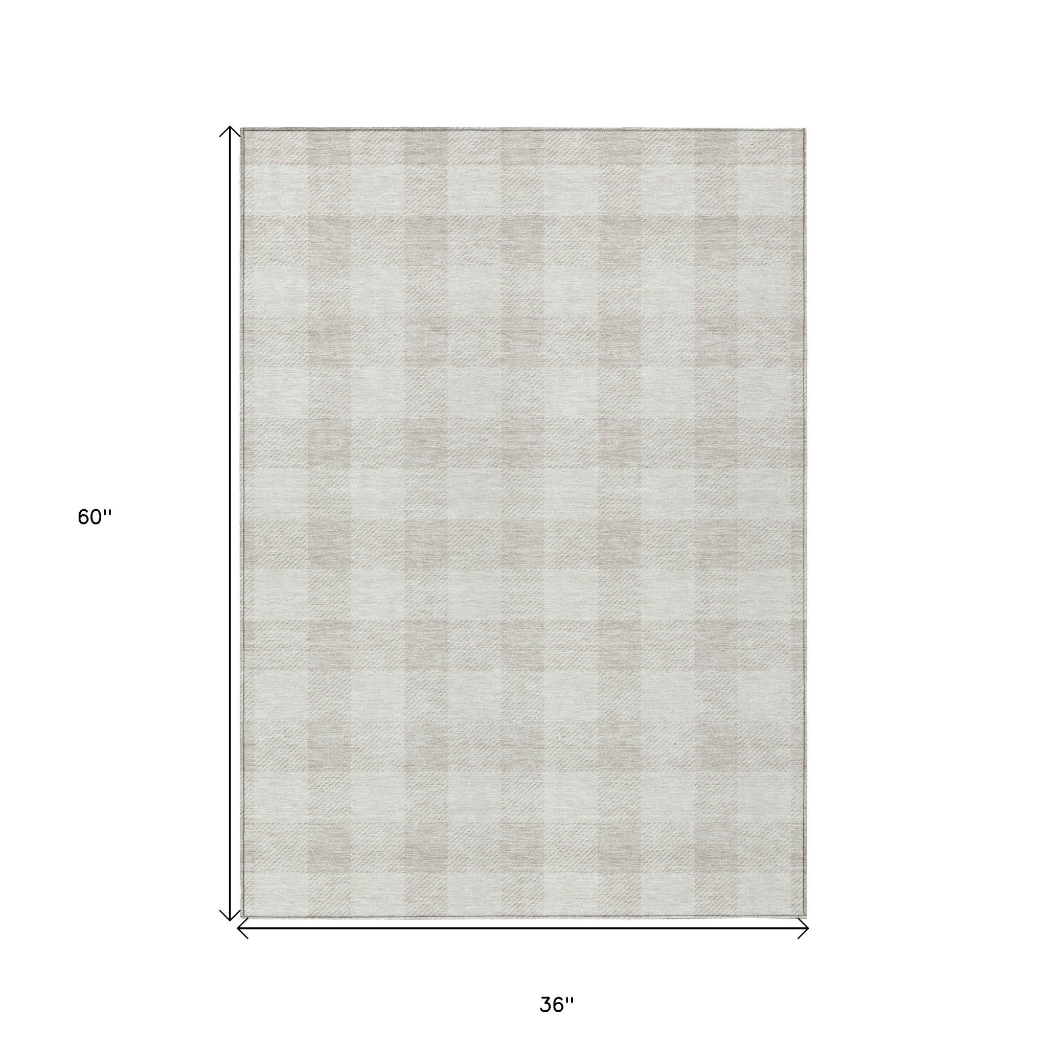 3' X 5' Ivory And Beige Plaid Washable Indoor Outdoor Area Rug