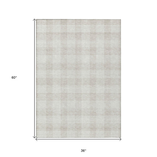 3' X 5' Ivory And Beige Plaid Washable Indoor Outdoor Area Rug