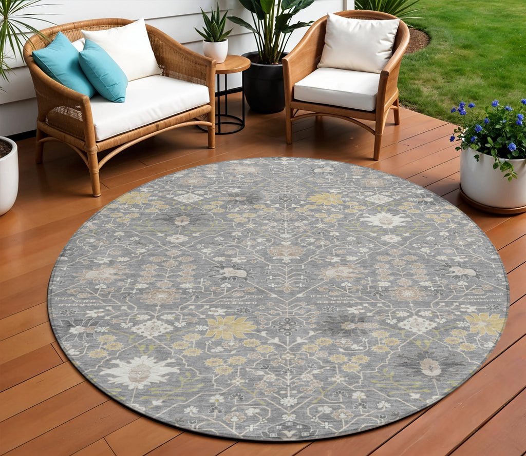 8' Gray Gold And Ivory Round Oriental Washable Indoor Outdoor Area Rug
