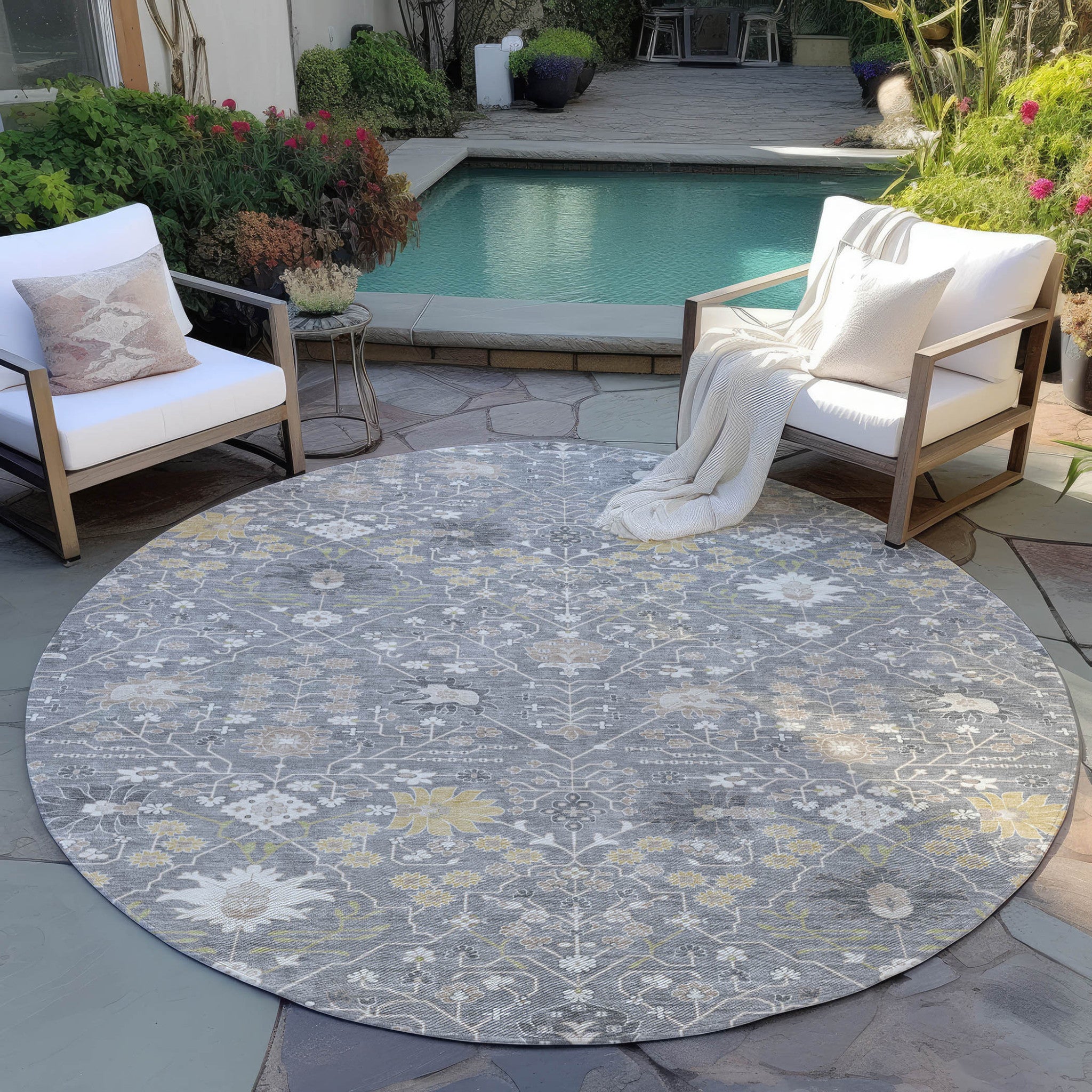 8' Gray Gold And Ivory Round Oriental Washable Indoor Outdoor Area Rug