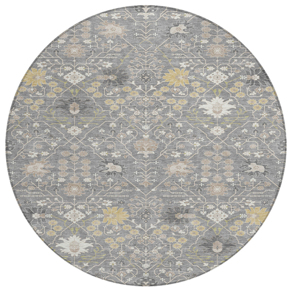 8' Gray Gold And Ivory Round Oriental Washable Indoor Outdoor Area Rug