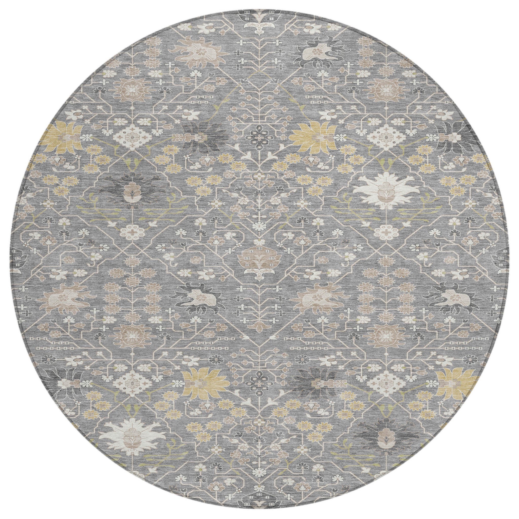 8' Gray Gold And Ivory Round Oriental Washable Indoor Outdoor Area Rug
