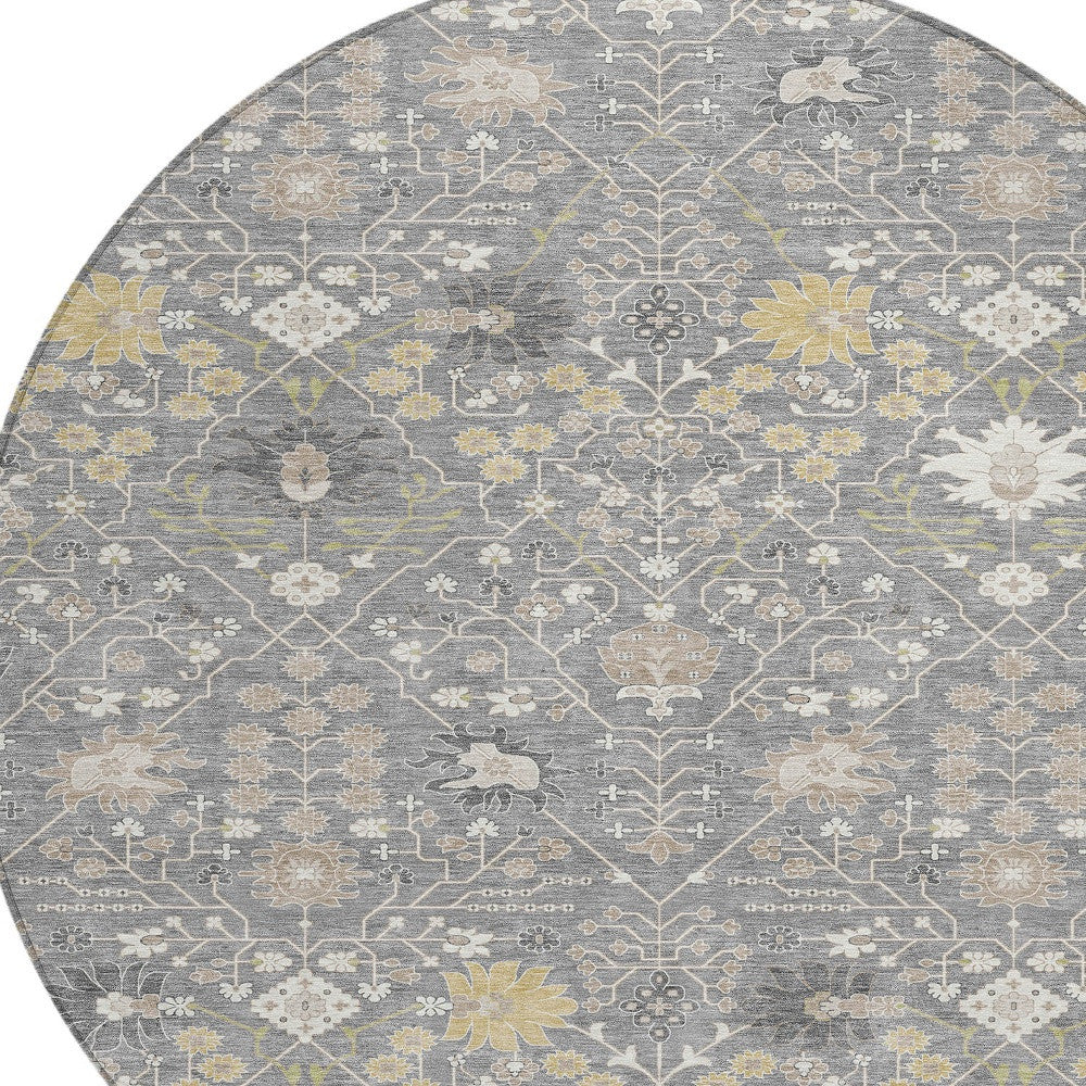 8' Gray Gold And Ivory Round Oriental Washable Indoor Outdoor Area Rug