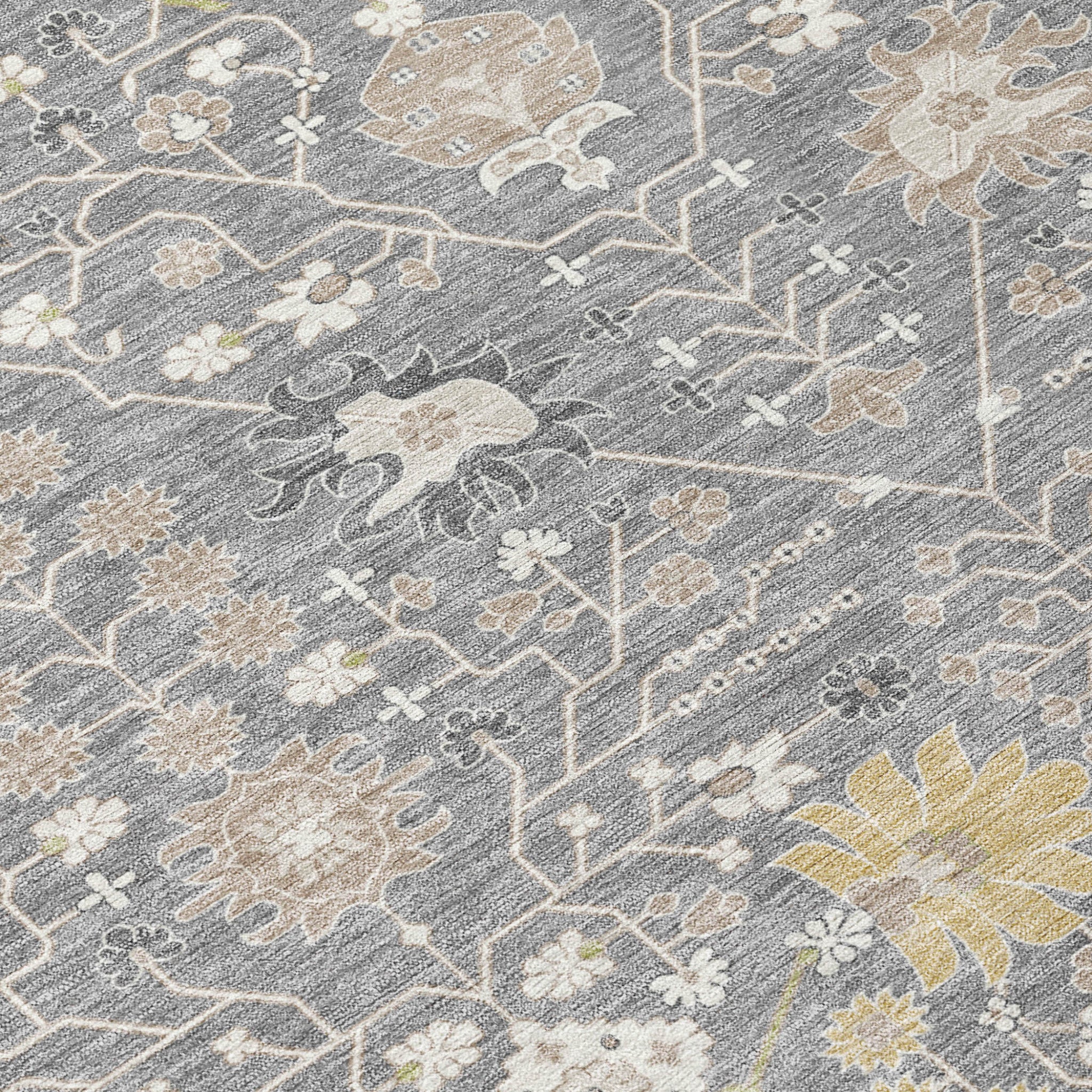 8' Gray Gold And Ivory Round Oriental Washable Indoor Outdoor Area Rug