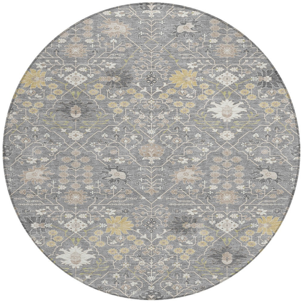 8' Gray Gold And Ivory Round Oriental Washable Indoor Outdoor Area Rug