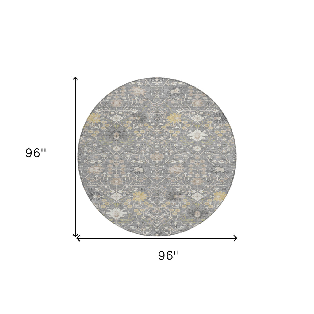 8' Gray Gold And Ivory Round Oriental Washable Indoor Outdoor Area Rug