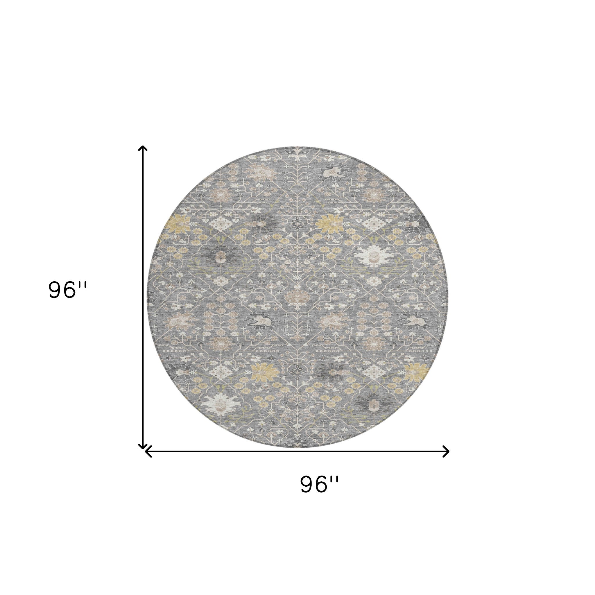 8' Gray Gold And Ivory Round Oriental Washable Indoor Outdoor Area Rug