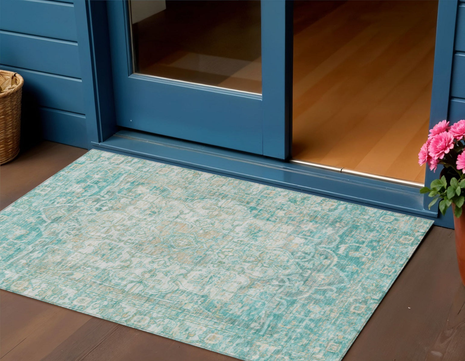3' X 5' Teal Blue And Ivory Floral Medallion Washable Indoor Outdoor Area Rug