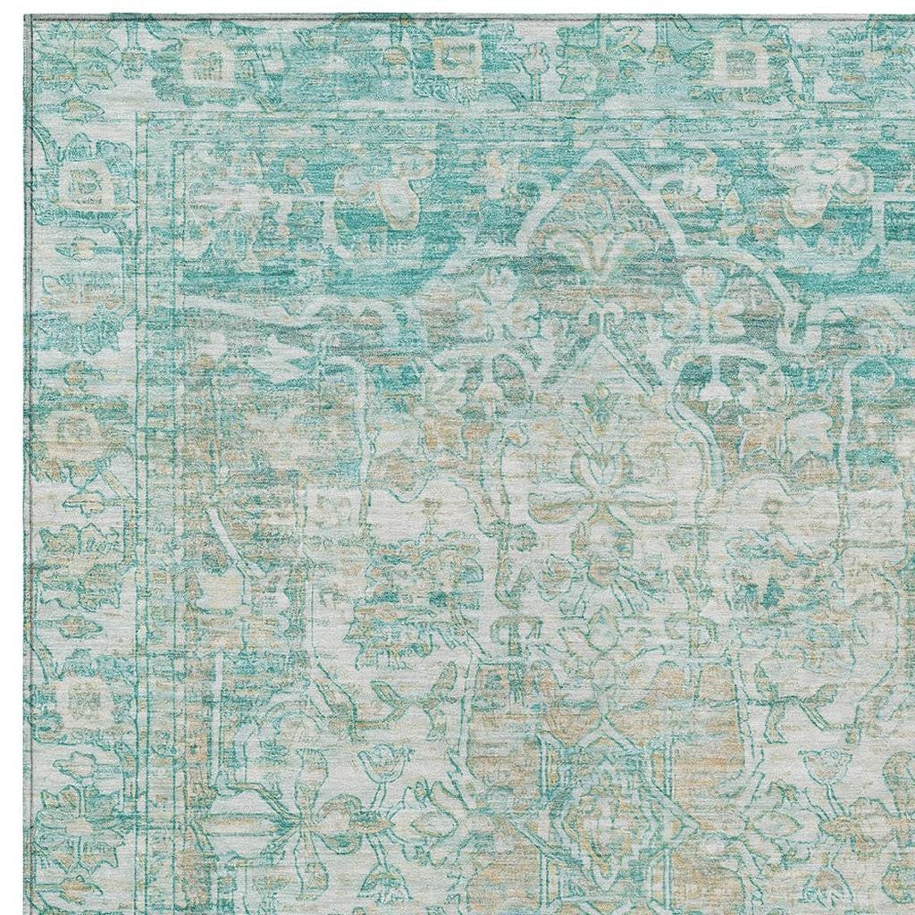 3' X 5' Teal Blue And Ivory Floral Medallion Washable Indoor Outdoor Area Rug
