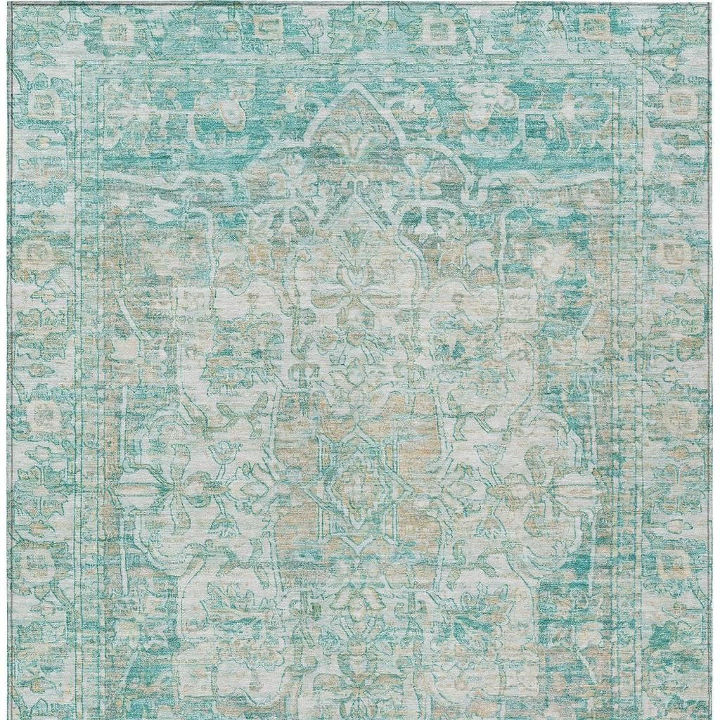 3' X 5' Teal Blue And Ivory Floral Medallion Washable Indoor Outdoor Area Rug