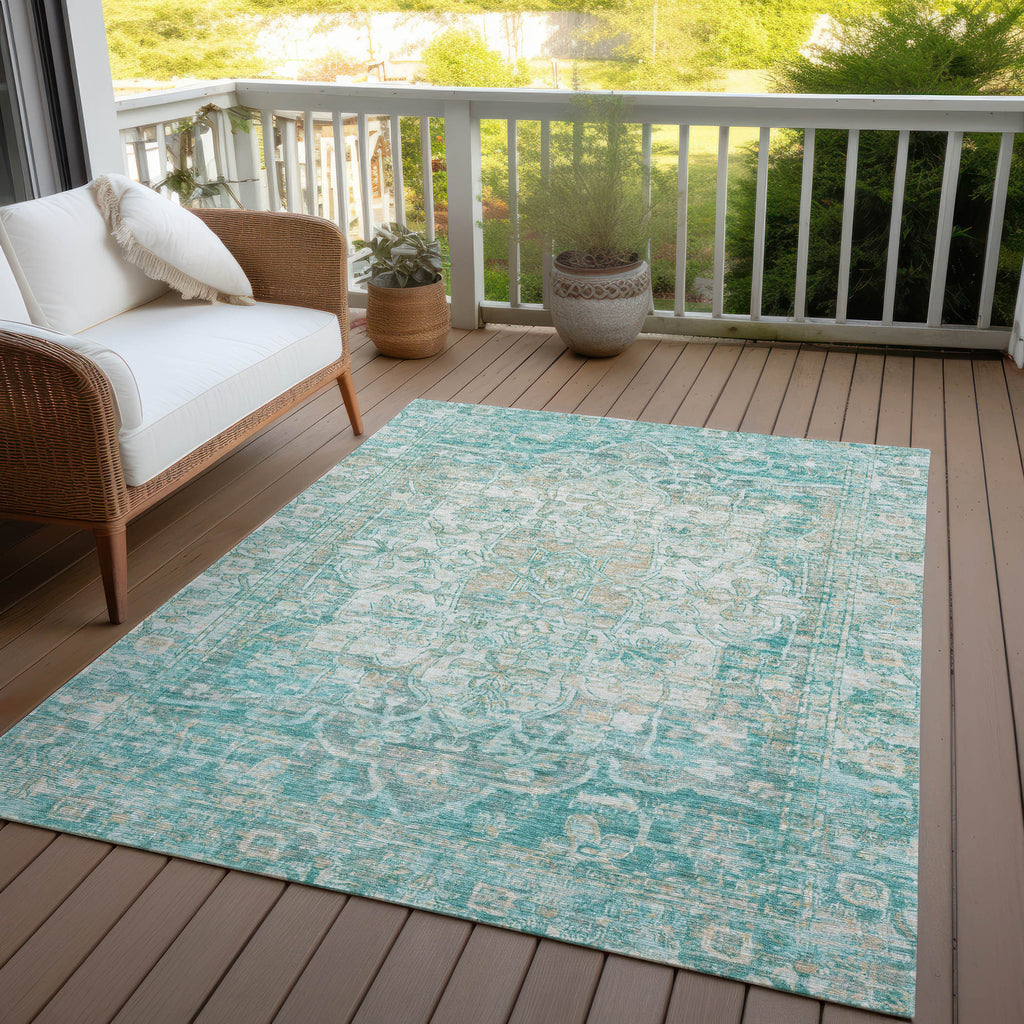 3' X 5' Teal Blue And Ivory Floral Medallion Washable Indoor Outdoor Area Rug
