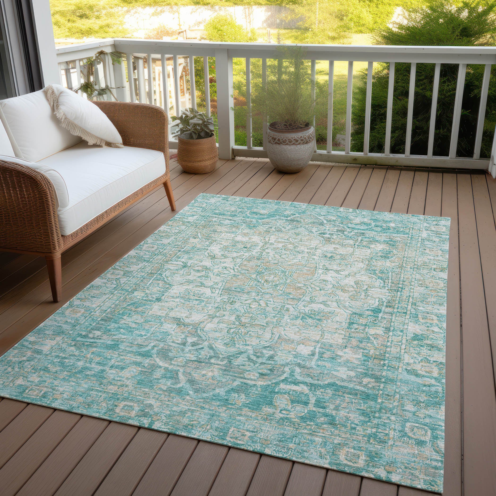 3' X 5' Teal Blue And Ivory Floral Medallion Washable Indoor Outdoor Area Rug
