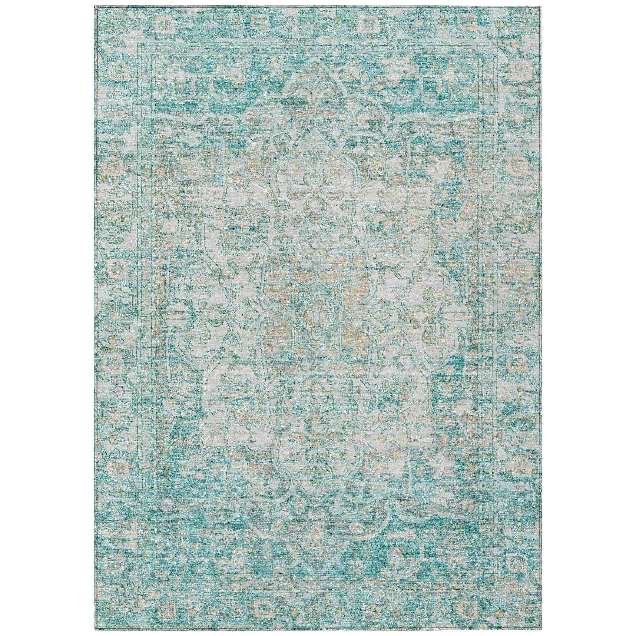 3' X 5' Teal Blue And Ivory Floral Medallion Washable Indoor Outdoor Area Rug