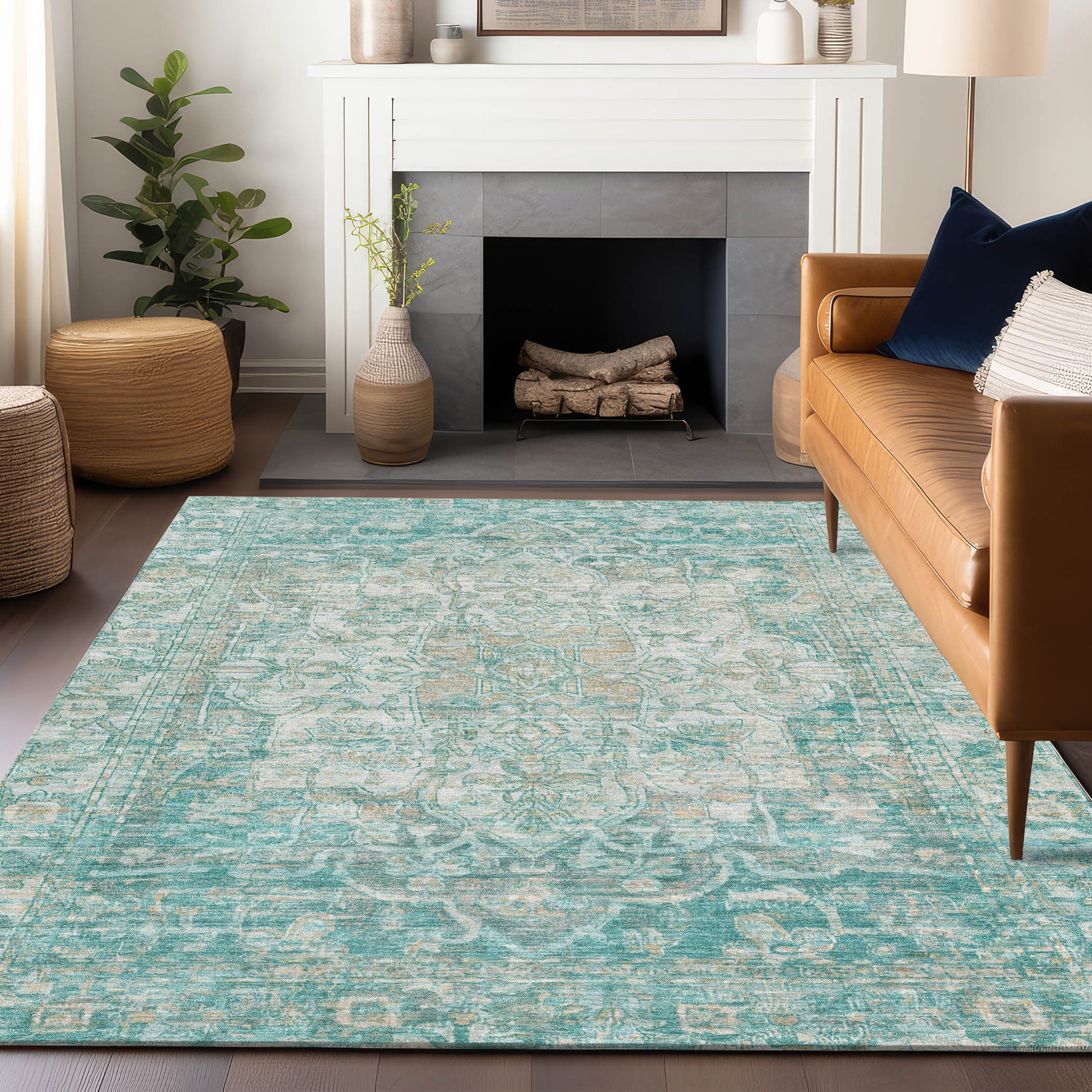 3' X 5' Teal Blue And Ivory Floral Medallion Washable Indoor Outdoor Area Rug