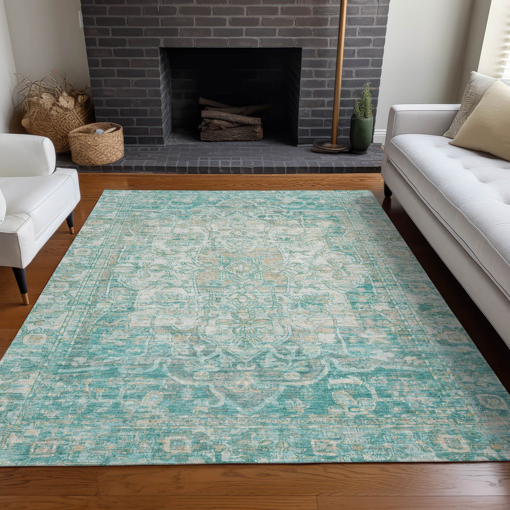 3' X 5' Teal Blue And Ivory Floral Medallion Washable Indoor Outdoor Area Rug
