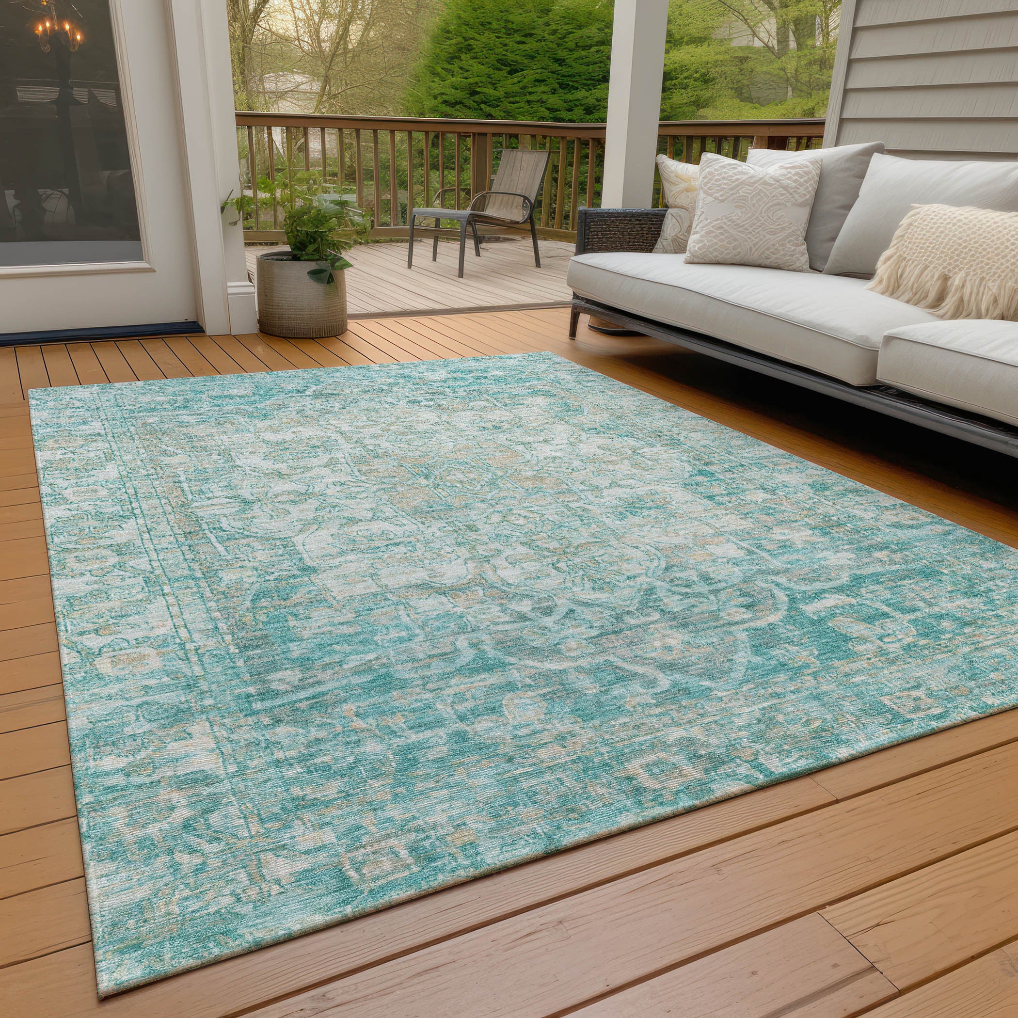 3' X 5' Teal Blue And Ivory Floral Medallion Washable Indoor Outdoor Area Rug