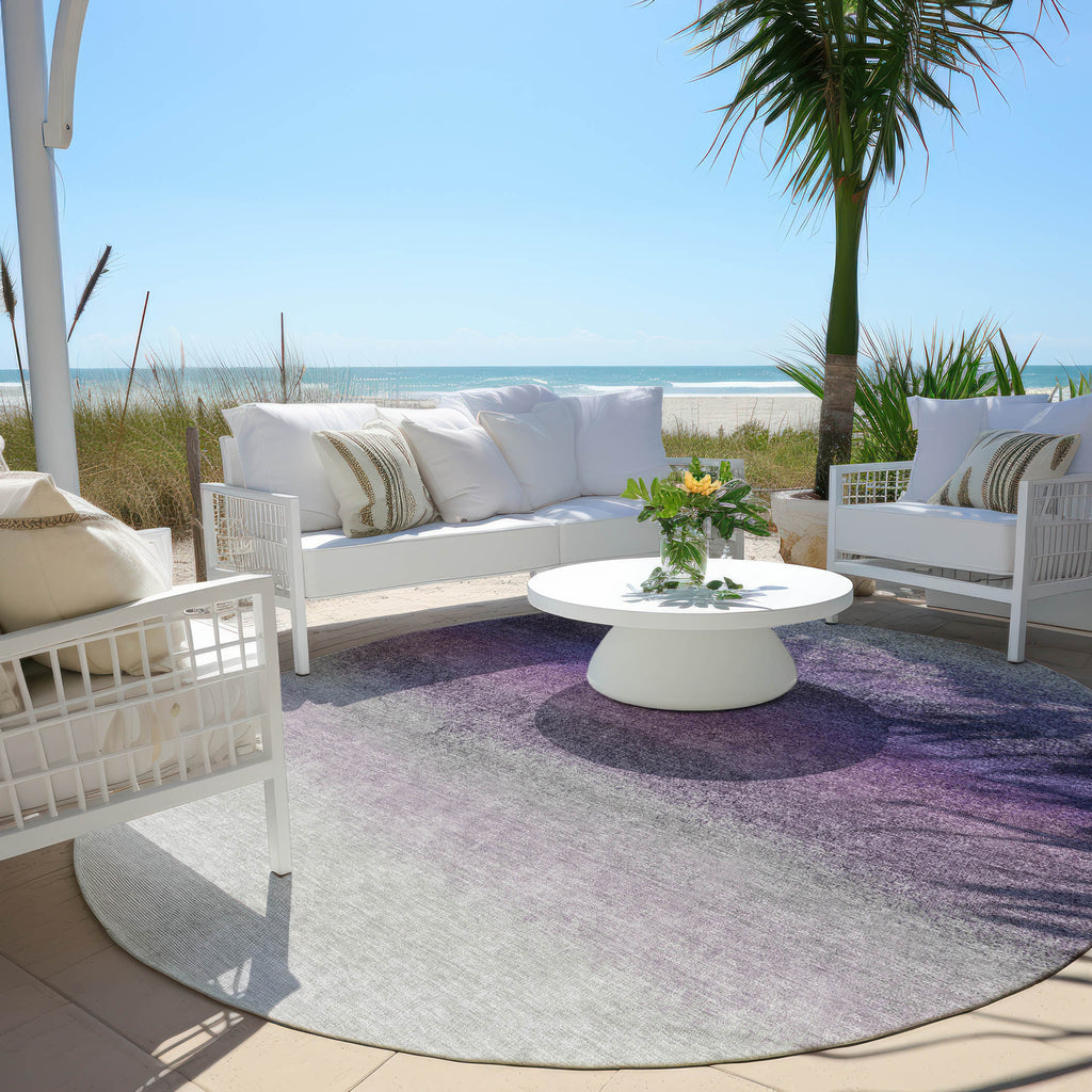 8' Lavender And Gray Round Ombre Washable Indoor Outdoor Area Rug