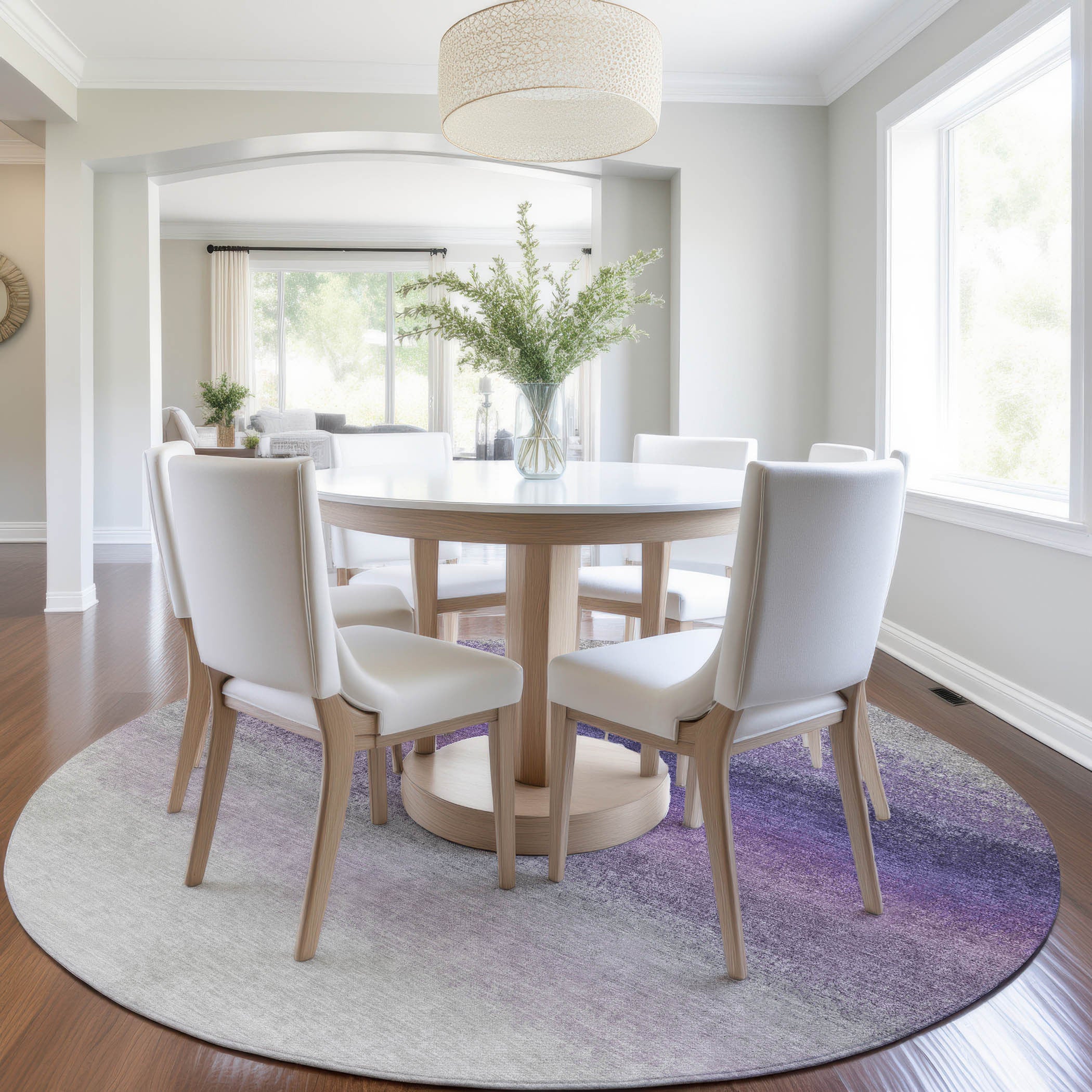 8' Lavender And Gray Round Ombre Washable Indoor Outdoor Area Rug