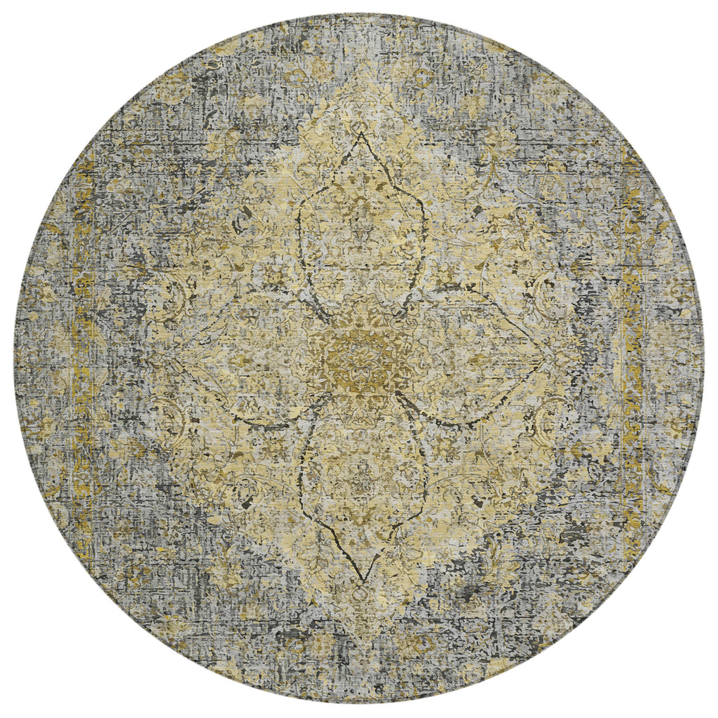 8' Pewter And Gold Round Oriental Washable Indoor Outdoor Area Rug