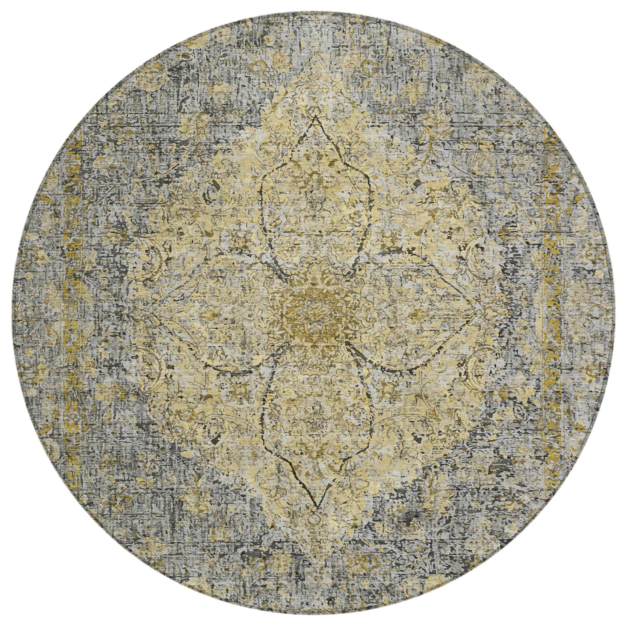 8' Pewter And Gold Round Oriental Washable Indoor Outdoor Area Rug