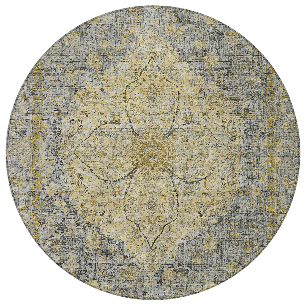 8' Pewter And Gold Round Oriental Washable Indoor Outdoor Area Rug