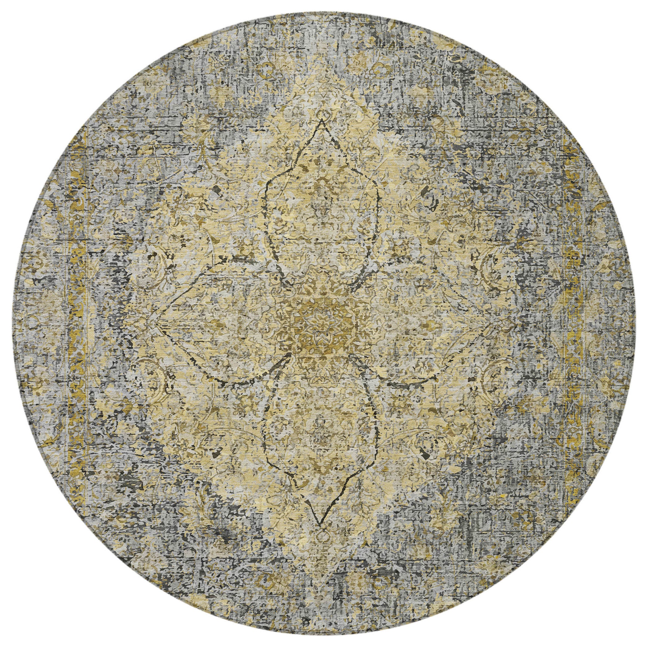 8' Pewter And Gold Round Oriental Washable Indoor Outdoor Area Rug