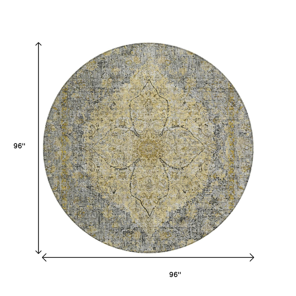 8' Pewter And Gold Round Oriental Washable Indoor Outdoor Area Rug