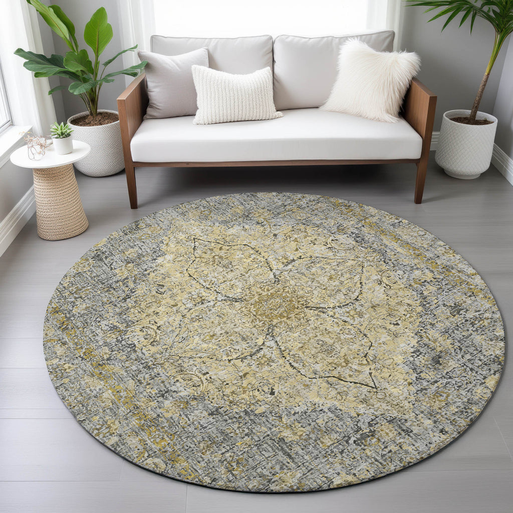 8' Pewter And Gold Round Oriental Washable Indoor Outdoor Area Rug