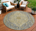 8' Pewter And Gold Round Oriental Washable Indoor Outdoor Area Rug