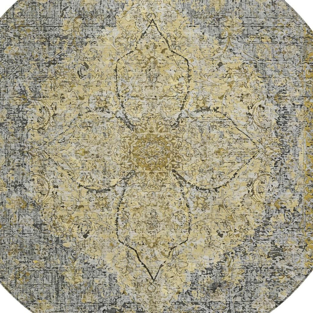 8' Pewter And Gold Round Oriental Washable Indoor Outdoor Area Rug
