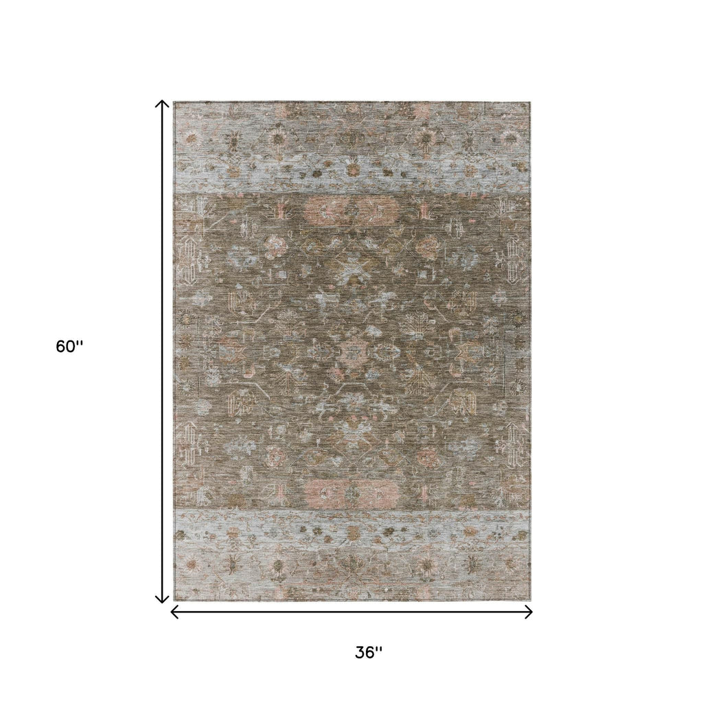 3' X 5' Brown And Gray Tribal Washable Indoor Outdoor Area Rug