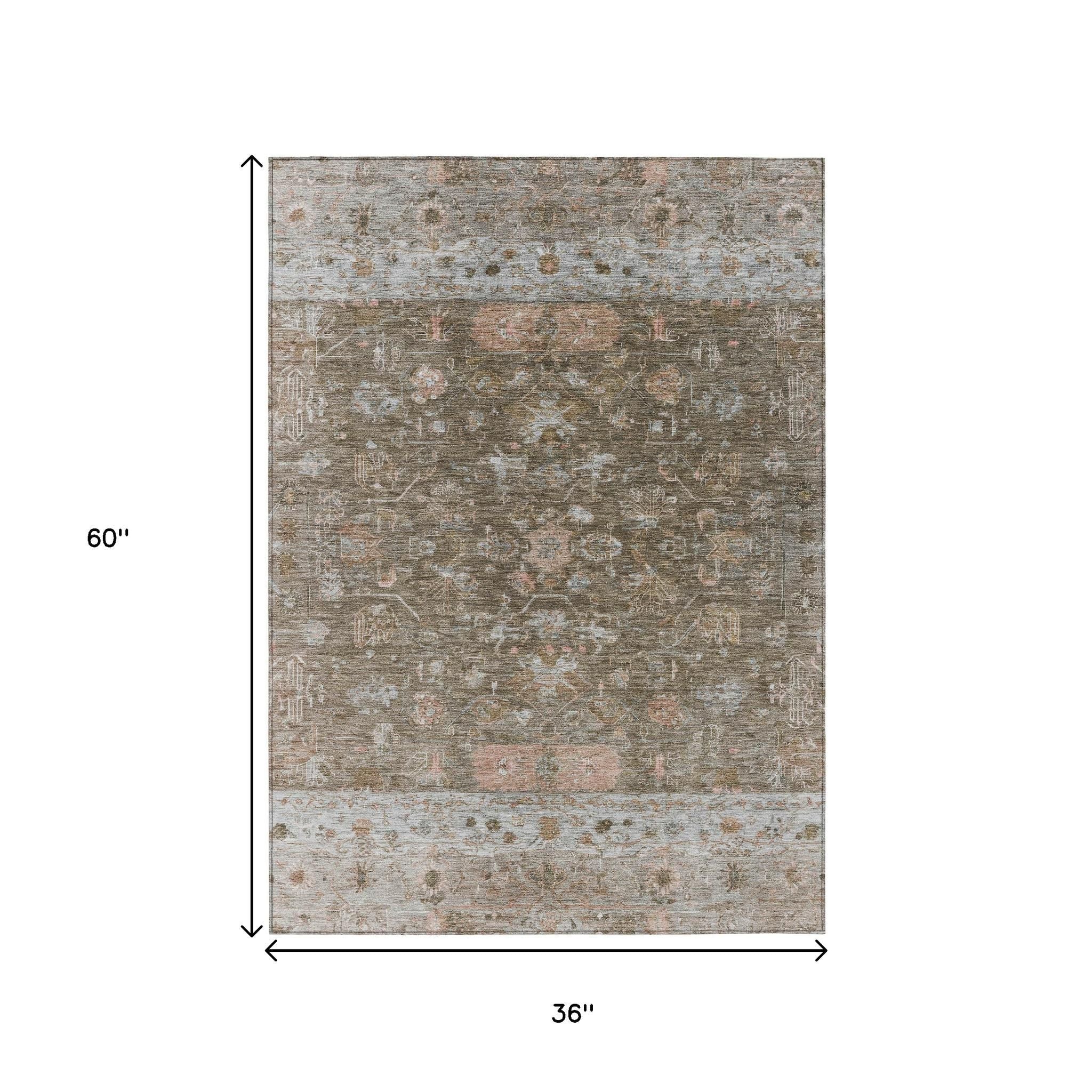 3' X 5' Brown And Gray Tribal Washable Indoor Outdoor Area Rug
