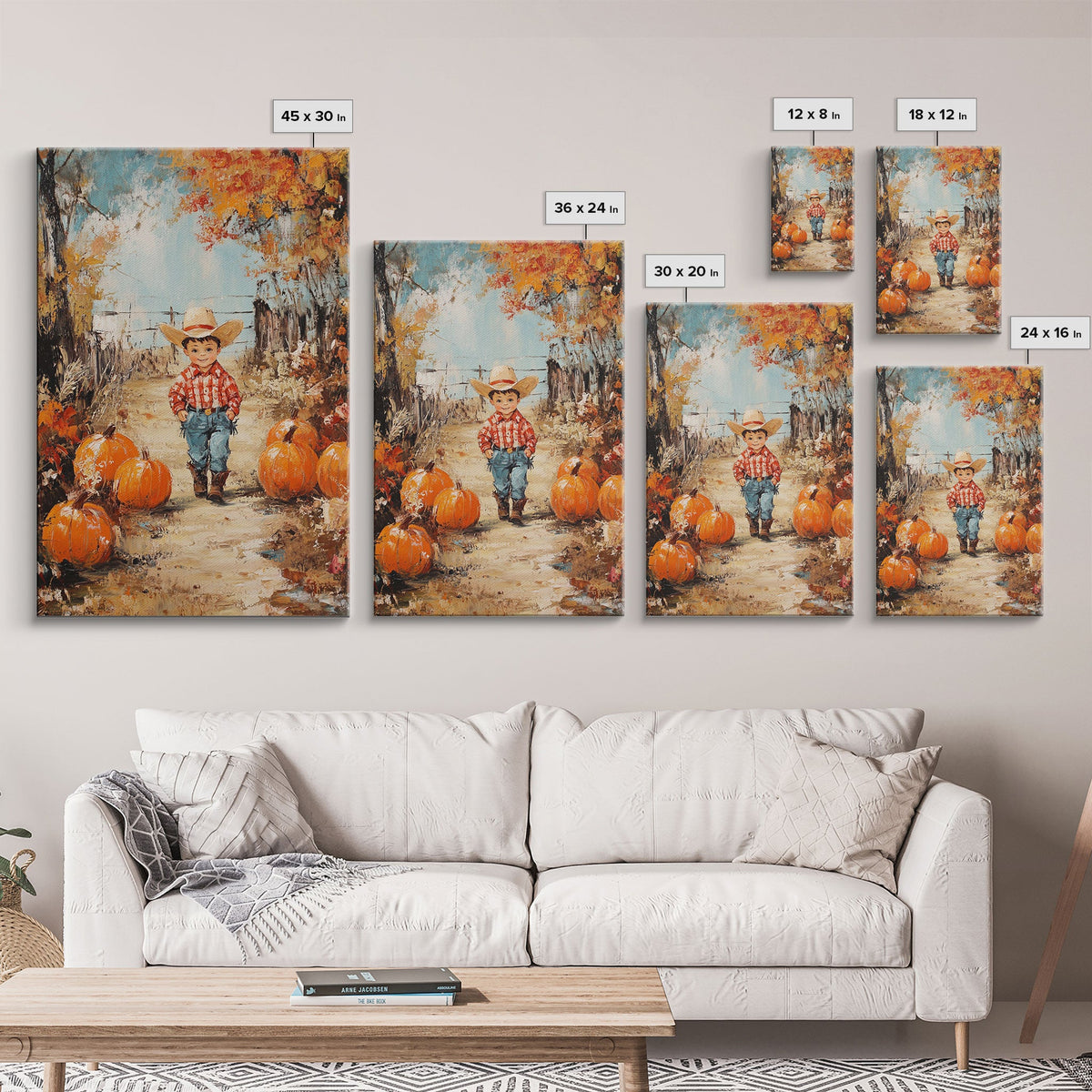 Autumn Cowboy & Pumpkins Canvas Wall Art