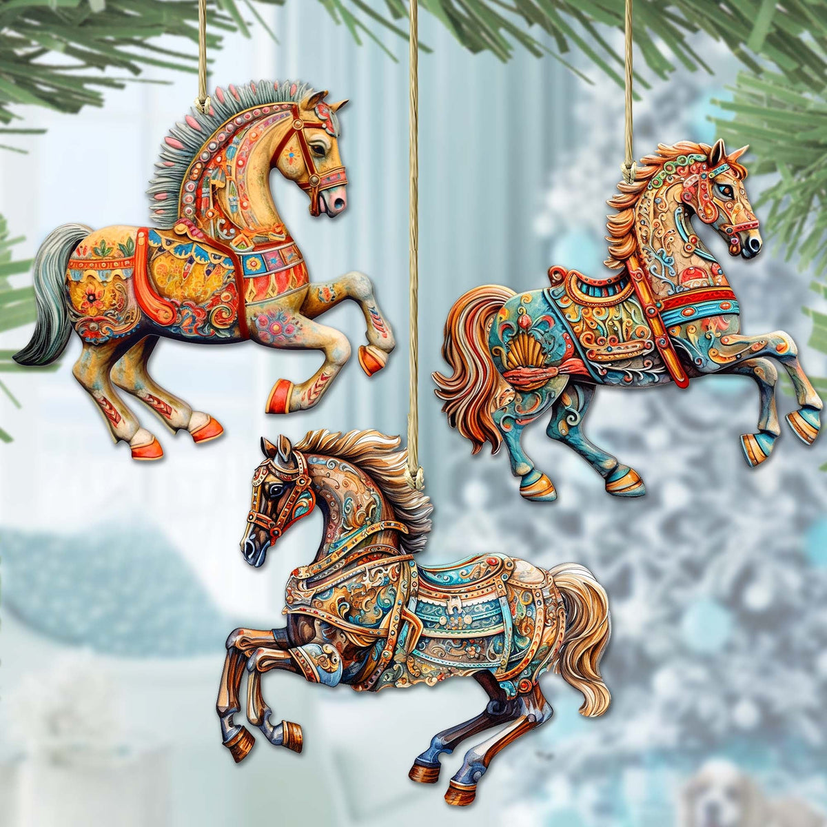 Ornamental Horses Wooden Ornaments Set of 3 by G. Debrekht - Christmas Decor - 8100193S3