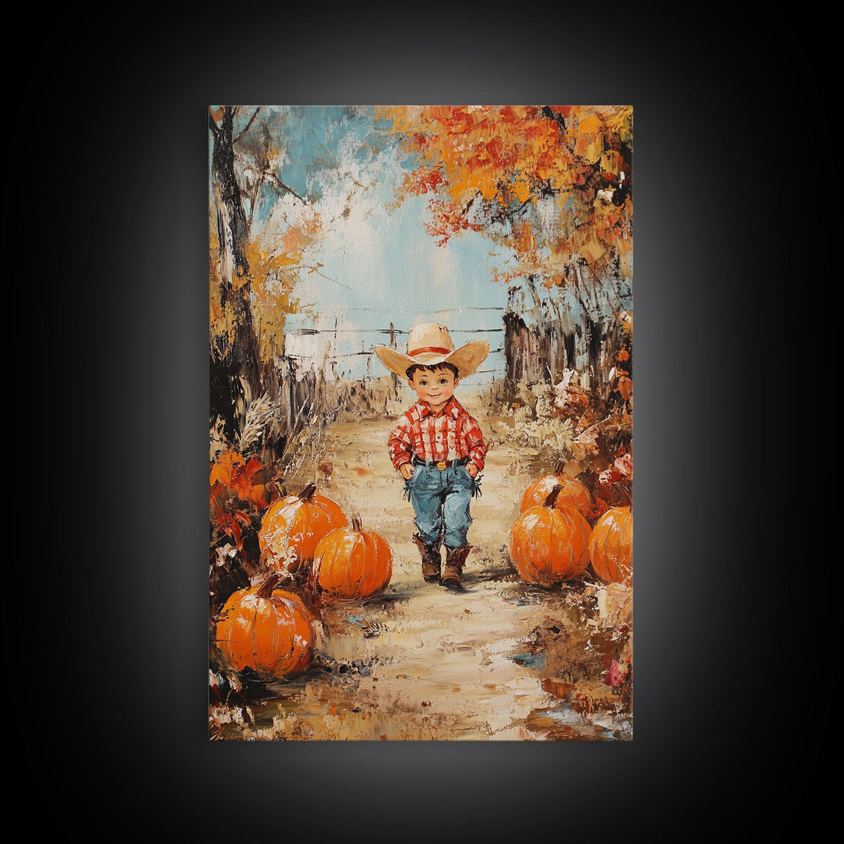 Autumn Cowboy & Pumpkins Canvas Wall Art