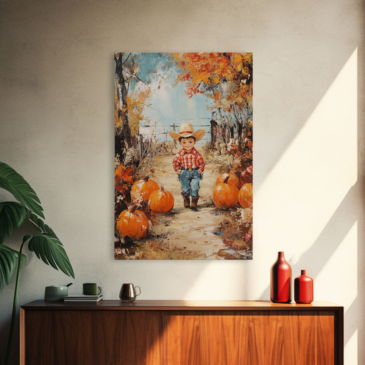 Autumn Cowboy & Pumpkins Canvas Wall Art